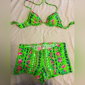 Vintage Victoria's Secret Green and Pink Floral Bra Bikini Set